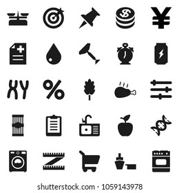Flat vector icon set - scraper vector, water drop, washer, sink, cereal, pasta, chicken leg, apple fruit, alarm clock, yen sign, measuring, clipboard, enegry drink, port, thumbtack, dna, chromosomes