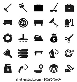 Flat vector icon set - scraper vector, vacuum cleaner, rake, iron, steaming, case, money bag, horizontal bar, big scales, scissors, data, gear, bench, 24 hour
