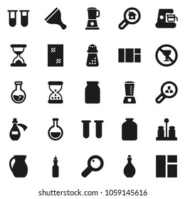 Flat vector icon set - scraper vector, window cleaning, oil, hand mill, spices, jug, jar, flask, no alcohol sign, vial, magnifier, sand clock, potion, search estate, client, coffee maker, blender