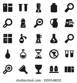 Flat vector icon set - scraper vector, window cleaning, shining, oil, hand mill, spices, jug, jar, flask, no alcohol sign, glass, cargo search, vial, magnifier, sand clock, potion, estate, blender