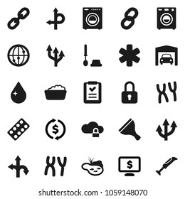Flat vector icon set - scraper vector, water drop, toilet brush, foam basin, exchange, monitor dollar, route, internet, ambulance star, pills blister, chromosomes, cloud lock, chain, arrow, pond