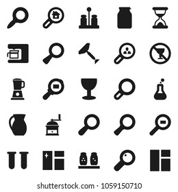 Flat vector icon set - scraper vector, window cleaning, hand mill, spices, jug, jar, magnifier, no alcohol sign, glass, cargo search, flask, vial, sand clock, estate, client, coffee maker, blender