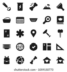 Flat vector icon set - scraper vector, window cleaning, foam basin, plates, colander, ladle, cookbook, corner ruler, backpack, enegry drink, calendar, protected, cargo search, internet, broken bone