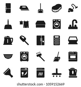 Flat vector icon set - scraper vector, vacuum cleaner, scoop, sponge, drying clothes, washer, water tap, kettle, colander, grater, fridge, iron, dishwasher, oven