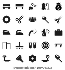 Flat vector icon set - scraper vector, vacuum cleaner, iron, steaming, case, money bag, horizontal bar, big scales, group, vial, scissors, gear, bench, 24 hour