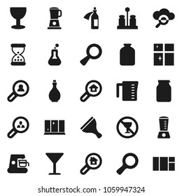 Flat vector icon set - scraper vector, shining window, oil, measuring cup, spices, jar, magnifier, no alcohol sign, glass, flask, sand clock, potion, cloud, search estate, client, coffee maker