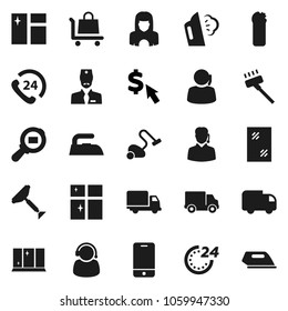 Flat vector icon set - scraper vector, vacuum cleaner, window cleaning, iron, steaming, agent, shining, woman, dollar cursor, phone 24, support, delivery, cargo search, mobile, doctor, hour, trolley
