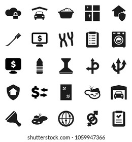 Flat vector icon set - scraper vector, car fetlock, window cleaning, foam basin, shining, exchange, monitor dollar, water bottle, route, internet, gender sign, chromosomes, cloud lock, arrow, pond