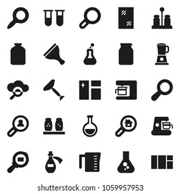 Flat vector icon set - scraper vector, window cleaning, measuring cup, spices, jar, magnifier, flask, cargo search, vial, potion, cloud glass, estate, client, coffee maker, blender