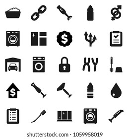 Flat vector icon set - scraper vector, water drop, car fetlock, window cleaning, toilet brush, washer, foam basin, shining, blender, dollar growth, medal, bottle, gender sign, chromosomes, chain