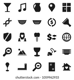 Flat vector icon set - scraper vector, vacuum cleaner, window cleaning, plates, shining, woman, colander, jug, corner ruler, music, exchange, punching bag, glass, protected, cargo search, internet