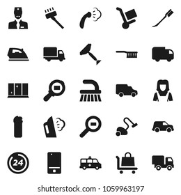 Flat vector icon set - scraper vector, vacuum cleaner, fetlock, car, iron, steaming, cleaning agent, shining window, woman, delivery, cargo search, mobile phone, amkbulance, doctor, 24 hour, trolley