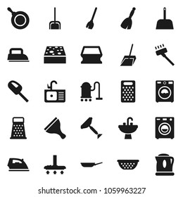 Flat vector icon set - scraper vector, broom, vacuum cleaner, scoop, sponge, iron, washer, sink, pan, colander, grater, kettle