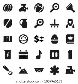 Flat vector icon set - scraper vector, vacuum cleaner, cleaning agent, plates, shining window, woman, colander, cook timer, ladle, cookbook, jug, backpack, music, exchange, enegry drink, protected
