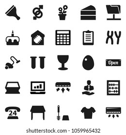 Flat vector icon set - scraper vector, vacuum cleaner, sponge, toilet brush, egg, cake, abacus, laptop graph, calculator, clipboard, t shirt, phone 24, client, glass, vial, gender sign, chromosomes