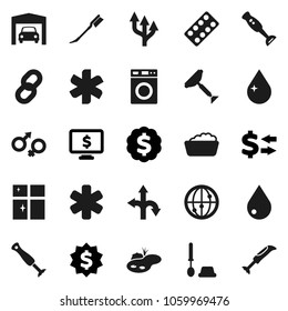 Flat vector icon set - scraper vector, water drop, car fetlock, toilet brush, washer, foam basin, shining window, blender, exchange, dollar medal, monitor, route, internet, ambulance star, chain
