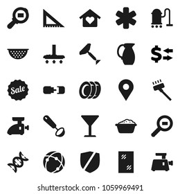 Flat vector icon set - scraper vector, vacuum cleaner, window cleaning, foam basin, plates, colander, ladle, jug, corner ruler, exchange, glass, protected, cargo search, ambulance star, dna, pin