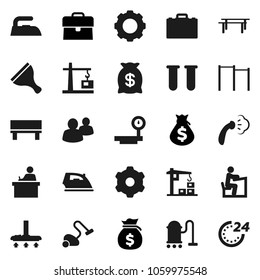Flat vector icon set - scraper vector, vacuum cleaner, iron, steaming, student, case, money bag, horizontal bar, big scales, group, vial, gear, bench, construction crane, 24 hour