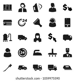 Flat vector icon set - scraper vector, vacuum cleaner, car fetlock, iron, steaming, shining window, woman, dollar cursor, support, delivery, mobile phone, doctor, hospital building, 24 hour