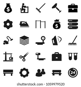 Flat vector icon set - scraper vector, vacuum cleaner, rake, iron, steaming, student, case, money bag, horizontal bar, big scales, group, vial, scissors, data, gear, bench, construction crane
