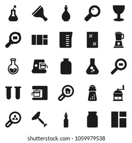 Flat vector icon set - scraper vector, window cleaning, oil, measuring cup, hand mill, jar, flask, glass, cargo search, vial, magnifier, estate, client, coffee maker, blender