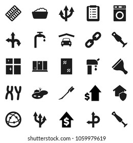 Flat vector icon set - scraper vector, car fetlock, window cleaning, washer, foam basin, shining, blender, dollar growth, route, internet, pills blister, chromosomes, chain, arrow, pond, garage