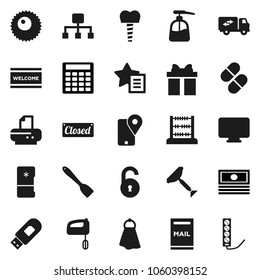 Flat vector icon set - scraper vector, towel, welcome mat, liquid soap, spatula, abacus, cash, calculator, traking, pills, ovule, tooth implant, usb modem, favorites, hierarchy, unlock, mailbox