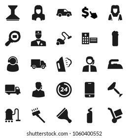 Flat vector icon set - scraper vector, vacuum cleaner, car fetlock, iron, steaming, cleaning agent, woman, dollar cursor, support, delivery, cargo search, mobile phone, doctor, hospital building