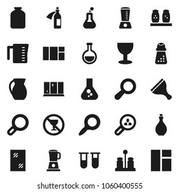 Flat vector icon set - scraper vector, window cleaning, shining, oil, measuring cup, hand mill, spices, jug, jar, magnifier, flask, no alcohol sign, glass, vial, potion, client search, blender