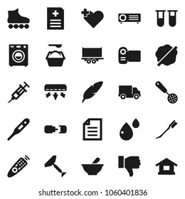 Flat vector icon set - scraper vector, car fetlock, splotch, washing powder, skimmer, pen, document, roller Skates, truck trailer, delivery, remote control, finger down, heart cross, thermometer