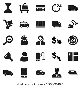 Flat vector icon set - scraper vector, vacuum cleaner, car fetlock, window cleaning, shining, dollar cursor, support, delivery, cargo search, mobile phone, doctor, hospital building, amkbulance
