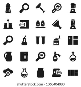 Flat vector icon set - scraper vector, window cleaning, measuring cup, hand mill, spices, jug, jar, magnifier, flask, cargo search, vial, potion, cloud glass, estate, coffee maker, blender