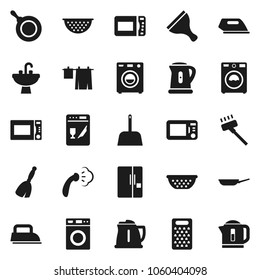 Flat vector icon set - scraper vector, broom, vacuum cleaner, scoop, steaming, drying clothes, washer, sink, pan, kettle, colander, grater, microwave oven, fridge, iron, dishwasher