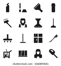 Flat vector icon set - scraper vector, cleaner trolley, vacuum, mop, car fetlock, toilet brush, cleaning agent, shining window, woman