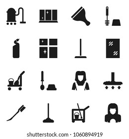 Flat vector icon set - scraper vector, cleaner trolley, vacuum, mop, car fetlock, window cleaning, toilet brush, agent, shining, woman