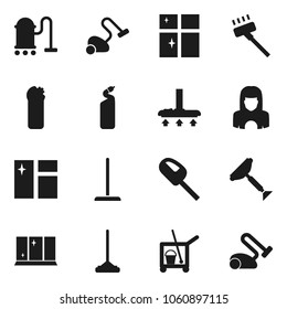 Flat vector icon set - scraper vector, cleaner trolley, vacuum, mop, window cleaning, agent, shining, woman