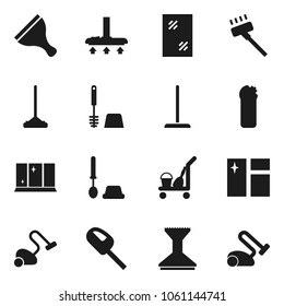 Flat vector icon set - scraper vector, cleaner trolley, vacuum, mop, car fetlock, window cleaning, toilet brush, agent, shining