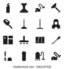 Flat vector icon set - scraper vector, vacuum cleaner, mop, car fetlock, window cleaning, toilet brush, agent, shining, woman