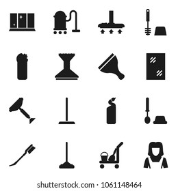 Flat vector icon set - scraper vector, cleaner trolley, vacuum, mop, car fetlock, window cleaning, toilet brush, agent, shining, woman