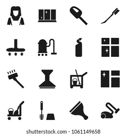 Flat vector icon set - scraper vector, cleaner trolley, vacuum, car fetlock, window cleaning, toilet brush, agent, shining, woman