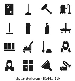 Flat vector icon set - scraper vector, cleaner trolley, vacuum, mop, window cleaning, toilet brush, agent, shining, woman