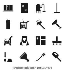 Flat vector icon set - scraper vector, cleaner trolley, vacuum, mop, car fetlock, window cleaning, toilet brush, agent, shining, woman