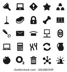 Flat vector icon set - scraper vector, mop, sponge, trash bin, shining window, whisk, jug, cereal, notebook pc, molecule, calculator, fitball, bone, oxygen, stadium, dry cargo, chromosomes, network