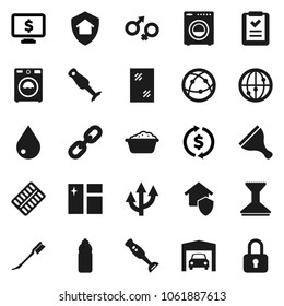 Flat vector icon set - scraper vector, water drop, car fetlock, window cleaning, washer, foam basin, blender, exchange, monitor dollar, bottle, internet, gender sign, pills blister, chain, garage