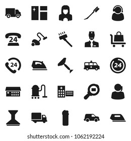 Flat vector icon set - scraper vector, vacuum cleaner, car fetlock, window cleaning, iron, agent, woman, phone 24, support, delivery, cargo search, hospital building, amkbulance, doctor, hour