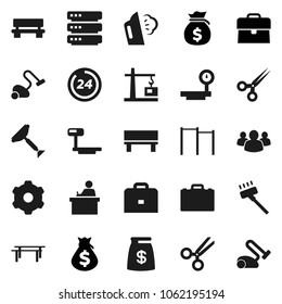 Flat vector icon set - scraper vector, vacuum cleaner, steaming, student, case, money bag, horizontal bar, big scales, group, scissors, data, gear, bench, construction crane, 24 hour