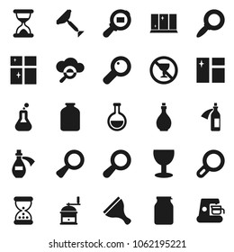 Flat vector icon set - scraper vector, window cleaning, shining, oil, hand mill, jar, magnifier, no alcohol sign, glass, cargo search, flask, sand clock, potion, cloud, coffee maker