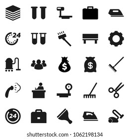 Flat vector icon set - scraper vector, vacuum cleaner, rake, iron, steaming, student, case, money bag, big scales, group, vial, scissors, data, gear, bench, 24 hour