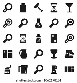 Flat vector icon set - scraper vector, window cleaning, measuring cup, hand mill, jug, jar, magnifier, flask, glass, cargo search, sand clock, estate, coffee maker, blender