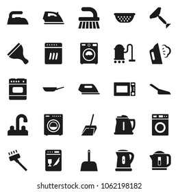Flat vector icon set - scraper vector, vacuum cleaner, fetlock, scoop, iron, steaming, washer, water tap, pan, kettle, colander, microwave oven, dishwasher